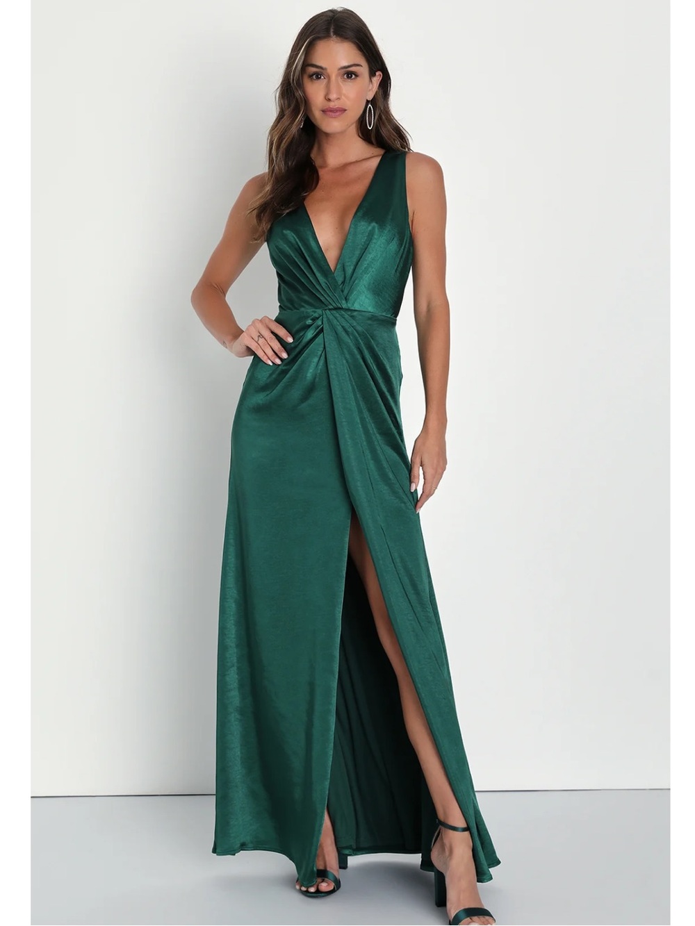 Lulus Perfect Refinement Emerald Green Satin Sleeveless Pleated Maxi Dress Event